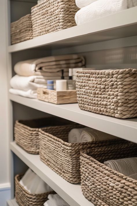 Basket Ideas For Your Bathroom Basket For Organizing, Bathroom Guest Basket, Bathroom Organization Baskets, Apartment Flip, Laundry Basket Ideas, Washroom Essentials, Bath Closet, Store Towels, Bathroom Basket