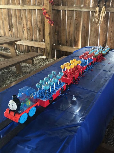 Thomas And Friends Dessert Table, Thomas The Train 1st Birthday Party, Thomas First Birthday Party, Thomas Train 3rd Birthday, Train Cookie Cake, Thomas The Train Backdrop, Thomas The Train Party Decorations, Thomas The Train Smash Cake, Thomas 3rd Birthday