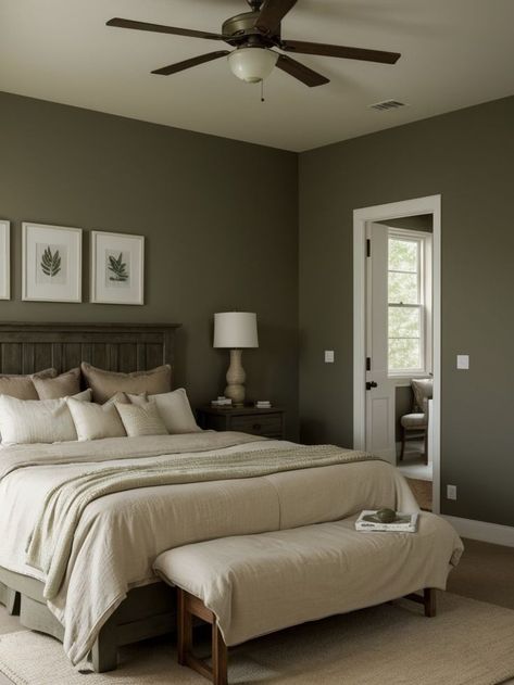 Dark Olive Green Bedroom, Green Painted Walls Bedroom, Olive Green Rooms, Olive Green Bedroom, Olive Bedroom, Olive Green Bedrooms, Neutral Bedroom Design, Green Bedroom Walls, Green Bedroom Design