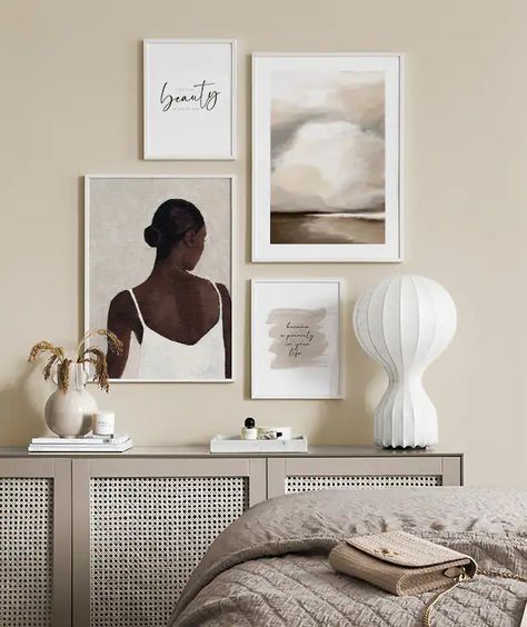 Calming Combination gallery wall Gallery Wall Template, Small Gallery Wall, Large Gallery Wall, Collage Mural, Gallery Wall Bedroom, Modern Rustic Farmhouse, Scandinavian Style Home, Perfect Gallery Wall, Photo Wall Gallery