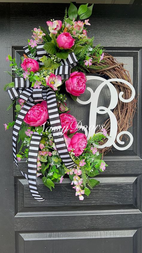 Spring Wreath, Spring Door Wreath, Pink Peonies Wreath, Sassy Doors Wreath Pink And Green Wreath Ideas, Pink Wreath Ideas, Door Reefs, Pink Wreaths, Hello Spring Sign, Spring Door Wreath, Spring Peony, Peony Wreath, Diy Spring Wreath