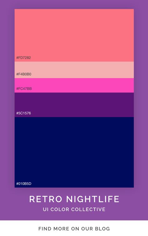 Flat ui color palette called Retro Nightlife. This bright and soft color scheme is perfect for graphic product design. The peach colors blend well with the purple colors. Retro Purple Color Palette, Retro Pop Color Palette, Retro Colour Palette Bright, City Pop Color Palette, Ui Color Palette, Pop Color Palette, Retro Color Scheme, Aesthetic Branding, Flat Color Palette