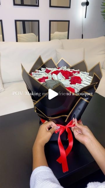 G E O R G I A on Instagram: "Gifting our bestfriend a bouquet but make it Bougie. My two friends and I are enjoying gift giving. This year our friend was unsure what she wanted so we decided to make it a Money Bouquet 💰💐😍 What do you think?! Items used: Floral wrapping paper linked in Bio Wet Foam from Michaels Bamboo sticks Scotch Tape Ribbon Dozen Roses Money: I used $400 in 20s and $26 in singles • • • #flowers #roses #moneybouquet #flowerbouquet" Money Bouquet With Roses, Money Origami Tutorial, Money Lei Diy, Wrapping Money, Wet Foam, Paper Projects Diy, Graduation Bouquet, Money Rose, Candy Bouquet Diy