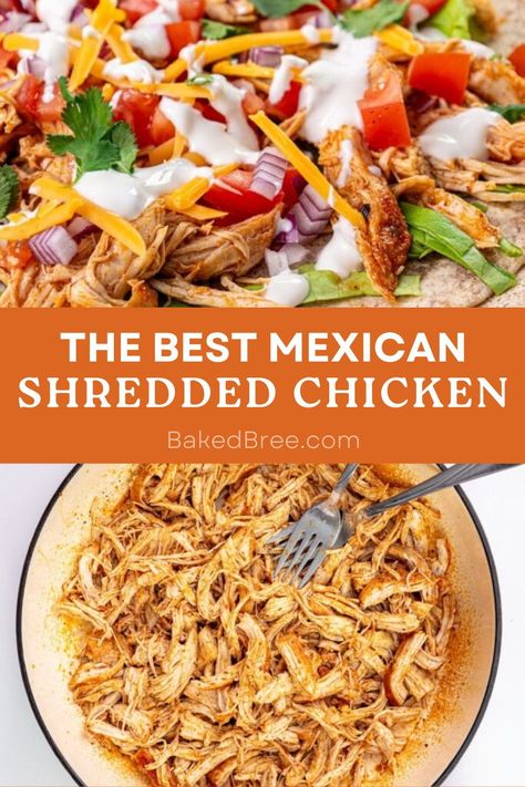 Spicy and savory Mexican Pulled Chicken is perfect for tacos, burritos, enchiladas…but pretty delicious in a bowl all by itself! Pulled Chicken Taco Bowl, Supper Ideas Mexican, Shredded Chicken For Burritos, Pulled Mexican Chicken Crockpot, Burrito Bowls Chicken, Chicken For Chicken Tacos, Mexican Chicken Recipes Skillet, Southwest Pulled Chicken, Tex Mex Bowls Chicken