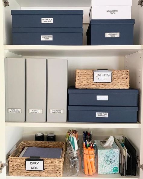 Mail Room Ideas, Office Shelf Organization Ideas, Office Supply Organization At Home, Office Supply Organization At Work, Home Office Closet Organization, Office Storage Boxes, Office Layouts, Office Design Trends, Innovative Office