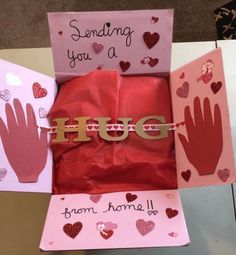 Care Package Ideas For Best Friend Long Distance, Valentines Box Long Distance, Hug Box Ideas, Care Package Box Ideas, Hug In A Box Care Package, Hug Day Gift Ideas For Him, Cute Care Package Ideas For Best Friend, Valentines Care Package For Kids, Valentines Care Package Ideas