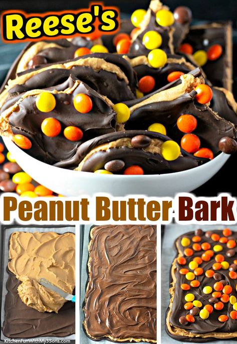 Peanut Butter Bark Recipes, Peanut Butter Chocolate Bark, Peanut Butter Bark, Reese's Chocolate, Candy Bark, Candy Treats, Chocolate Peanut Butter Cookies, Peanut Butter Desserts, Kitchen Fun