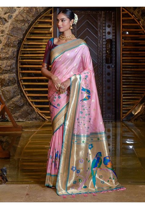 Pink Paithani Silk Zari Woven Saree Priyanka Wedding, Pink Paithani, Baby Pink Saree, Paithani Silk Saree, Bridal Trousseau, South Silk Sarees, Light Pink Blouses, Simple Saree Designs, Indian Bridal Photos