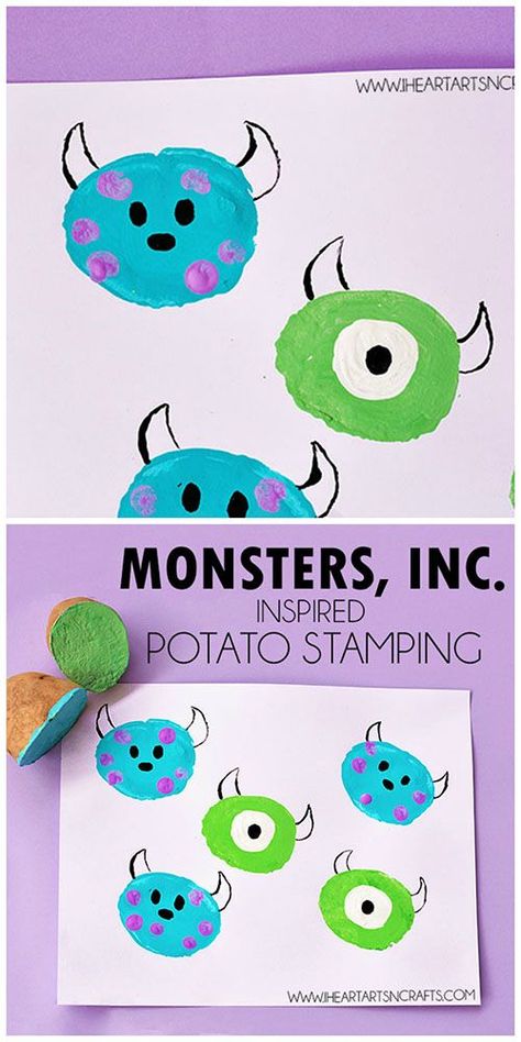 Monsters, Inc. Inspired Potato Stamping - Kids can create their own Sulley and Mike by reusing those old potatoes and creating some monster art! Monsters Inc Crafts, Potato Stamping, Disney Crafts For Kids, Disney Activities, Potato Stamp, Monster Crafts, Daycare Crafts, Fun Craft, Camping Crafts