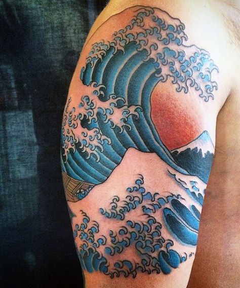 The Great Wave Off Kanagawa Tattoo For Guys Wave Off Kanagawa Tattoo, The Great Wave Tattoo, Kanagawa Tattoo, Great Wave Tattoo, Wave Tattoo Sleeve, Japanese Wave Tattoos, Wave Tattoo Design, Wave Tattoo, Ocean Tattoos