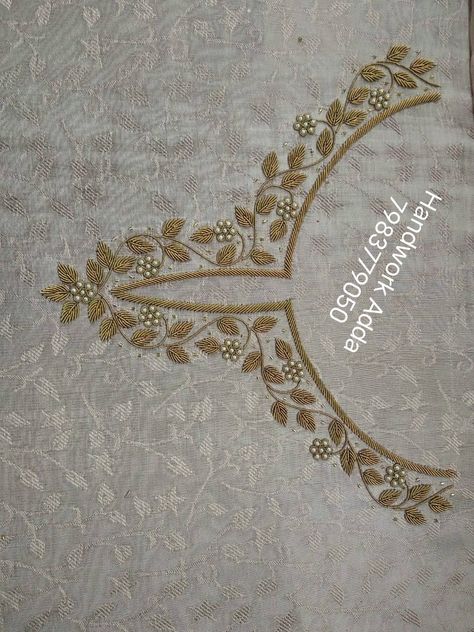 Dabka and White pearl Hand Embroidery Dabka Work Neck Design, Pita Work Blouse Design, Neck Hand Embroidery Design, Jardoshi Work Design Kurti, Pearl Work On Kurti, Zardosi Embroidery Designs, Pita Work Embroidery, Zardozi Embroidery Designs Kurti, Pita Work Blouse