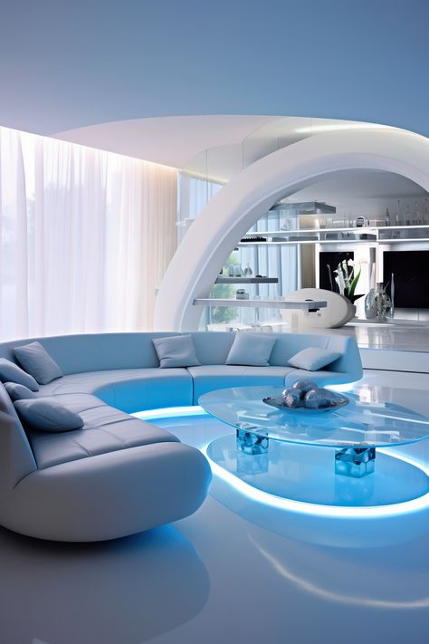 Take a tour through the future with this exquisite Futuristic Living Room. Luxurious and high-tech, it's a perfect blend of style and sophistication. Futuristic Room, Futuristic Apartment, Futuristic Bedroom, Futuristic Living Room, Tattoo Modern, Futuristic Interior Design, Futuristic Decor, Futuristic House, Futuristic Home