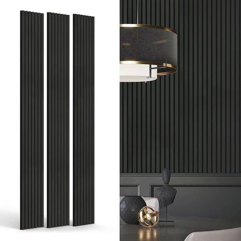 Amazon.com: INNO STICKERS 3-Piece Wood Slat Wall Panel for Interior Wall Decor Noise Cancelling 94.5" x 11.4" Acoustic Decorative 3D Sound Absorbing Wall Paneling, Black Oak, Covers 22.4 Sq.Ft : Tools & Home Improvement Wainscoting Theater Room, Soundproofing Panels Design, Wood Slat Panelling, Theater Room Wall Ideas, Black Panel Wallpaper, Home Theater Wall Decor, Boho Wall Panelling, Black Wall Accent Bedroom, Bathroom With Wall Panels