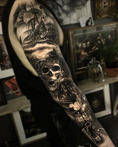 Pirate Sleeve Pirate Tattoo Sleeve, Pirate Sleeve, Tattoos Arm Mann, Ship Tattoo Sleeves, Pirate Skull Tattoos, Voll Arm-tattoos, Nautical Tattoo Sleeve, Arm Tattoos For Men, Tattoo Wallpaper