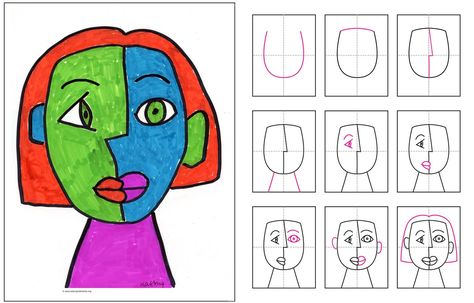 cubismo - instrucciones para dibujar la cara ... será útil en la lección de Picasso Art 2nd Grade, Picasso Cubism, Classe D'art, Art Picasso, 2nd Grade Art, Art Projects For Kids, Cubism Art, Drawing Faces, Picasso Art