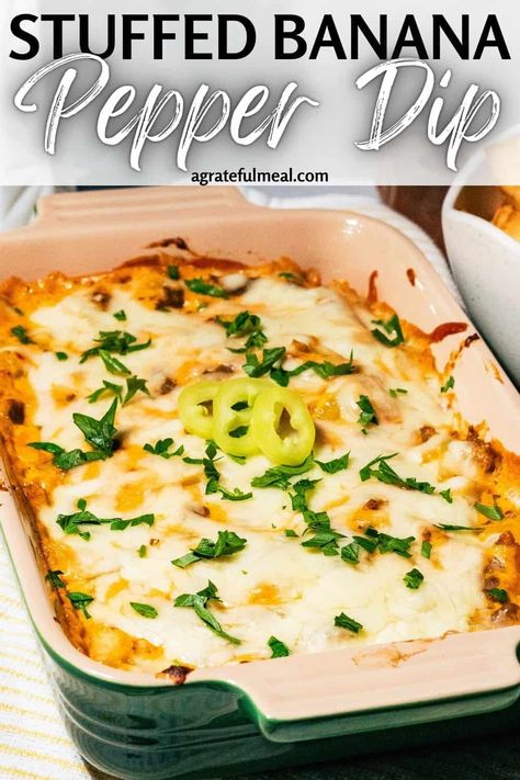 This stuffed banana pepper dip is the perfect appetizer for game day, Super Bowl, or parties. Made with all of the ingredients for stuffed banana peppers including marinara sauce, cream cheese, mozzarella, parmesan, and Italian sausage. It's an easy appetizer and one of the best dip recipes that are so creamy and cheesy - plus it gives the best cheese pulls! Stuff Banana Peppers Recipe, Banana Pepper Ideas, Banana Pepper Appetizer, Recipes With Fresh Banana Peppers, Banana Pepper Poppers, Pioneer Woman Recipes Appetizers, Stuffed Banana Pepper Dip, Fall Dips And Appetizers, Pasta Wednesday