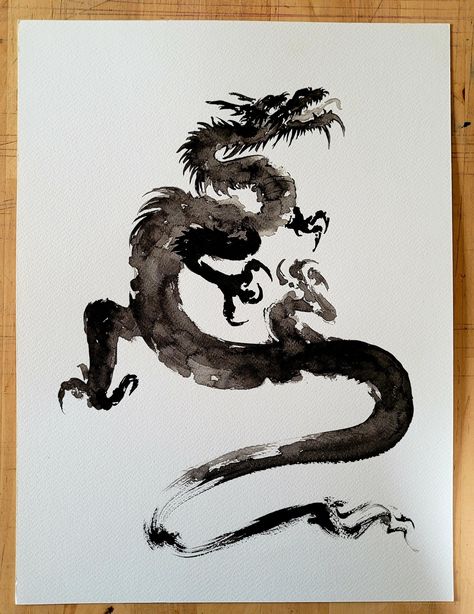 Dragon original ink painting. Black ink japanese Dragon. Dragon watercolor. "Black Dragon" original ink painting by Mariusz Szmerdt made with traditional tools on watercolor paper. Unframed. Signed.  size (inch): 11.5"x15.7" size (cm): 29,7cm x 40cm artist: © Mariusz Szmerdt artist's signature: yes type of painting: watercolor  painting type of paper: watercolor paper background color: white materials used: watercolor paint, water, brushes, paper  Father's Day Gift Idea Father's Day Mother's Day Dragon Paintings, Dragon Watercolor, Koi Dragon, Japanese Watercolor, Chinese Art Painting, Tinta China, Japanese Dragon, Black Dragon, Types Of Painting