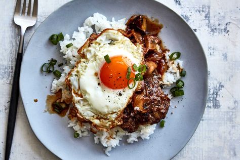 Loco Moco  Recipe Hawaii Locomoco Recipe, Salmon Fried Rice, Sausage Meatballs, Hawaiian Dishes, Onion Gravy, Beef Meatballs, Cheesecake Cupcakes, Beef Patty, Nyt Cooking