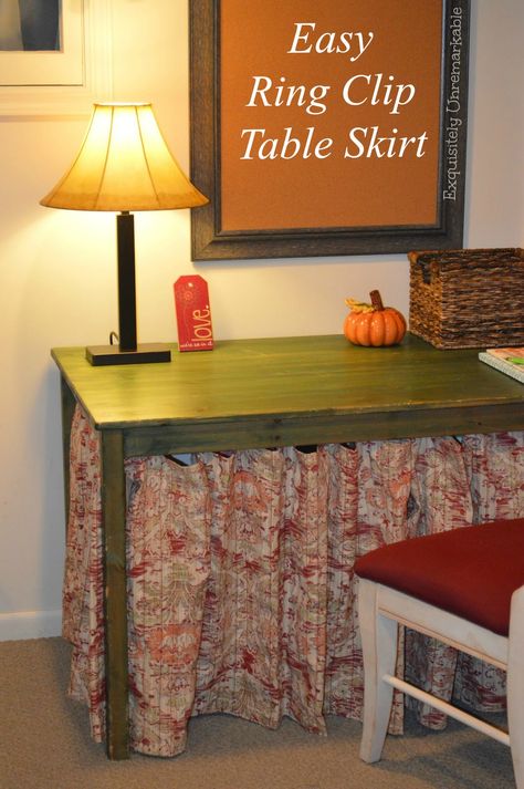 Dress up an ordinary table and create an easily accessible storage area with a ring clip skirted table. Sew easy or no sew, that's totally up to you! Diy Table Skirts, Skirted Table, Table Skirting, Craft Table Diy, Table Skirts, Dirty Kitchen, Ring Clip, Simple Curtains, Bedroom Table