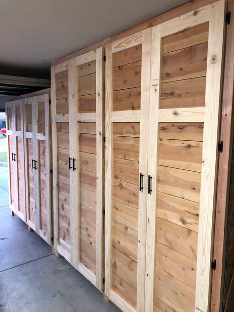 Diy Garage Shelving With Doors, Storage Cabinets With Doors Plans, Garage Shelving With Sliding Doors, Garage Cabinet Plans, Garage Storage Door, Homemade Garage Shelves, Building Storage Cabinets, Diy Garage Closet, Large Storage Cabinets Garage