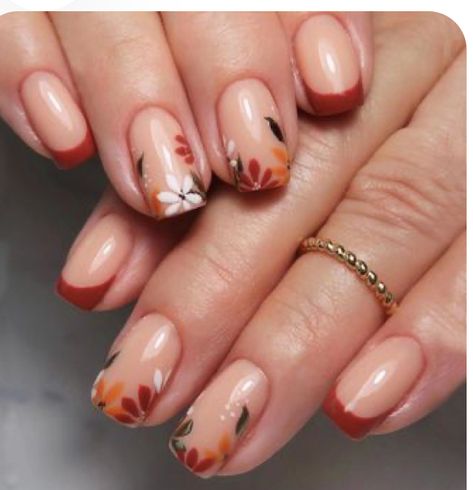 Glossy French Nails, Fall Fake Nails, Nails Square Fall, Nails Wine Red, Nails Thanksgiving, Nails Short Square, Leaves Pattern Design, Acrylic Nail Set, Press On Nails Short