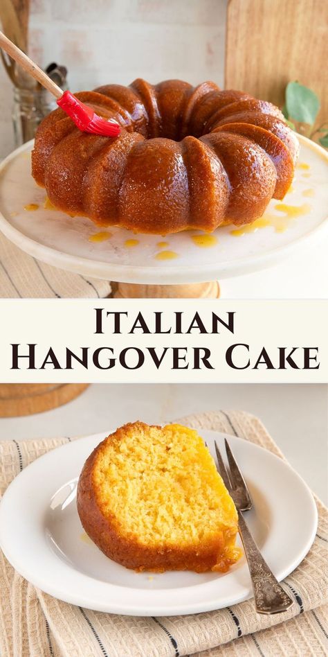 italian hangover bundt cake on cake stand and sliced on a plate. Margarita Pound Cake Recipe, Alcohol Infused Pound Cake, Alcohol Infused Bundt Cakes, Alcohol Food Recipes Dinner, Southern Hangover Cake, Hangover Cake Recipe, Cake For Alcohol Lovers, Amaretto Cake Recipe Easy, Vodka Cake Recipes