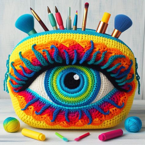 Trippy Crochet, Crochet Pencil Case, Crochet Eyes, Knitting Patterns Free Scarf, Crochet Needlework, Freeform Crochet, Crochet Clothes Patterns, Crochet Instructions, Halloween Crochet