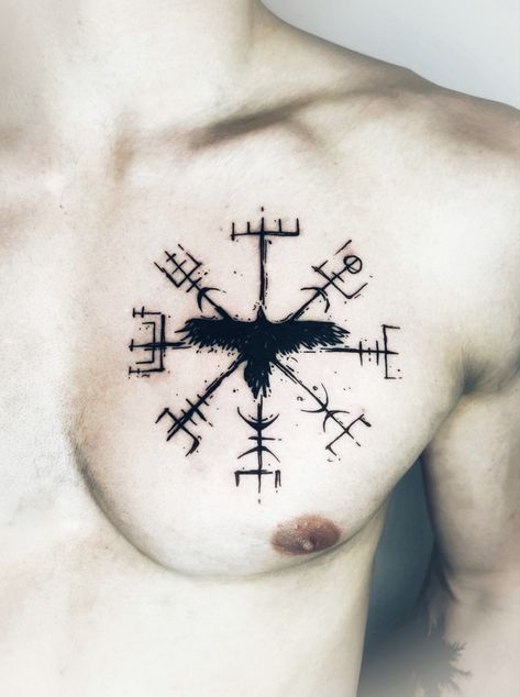 Chest Tattoo Words, Best Chest Tattoos, Tattoos For Male, Vegvisir Tattoo, Viking Compass Tattoo, Art Tattoo Ideas, Tattoo On Chest, Viking Tattoo Symbol, Viking Tattoo Sleeve