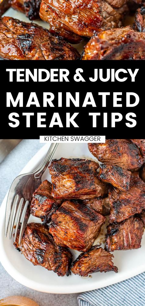 Craft the perfect steak dinner with these marinated steak tips! Our homemade beer teriyaki marinade is sure to make your steak tips delightfully juicy and tender. The marinade includes a flavorful mix of beer, soy sauce, garlic, and other seasonings that will tantalize your taste buds. It's the perfect combination of savory and sweet! Marinated Steak Tips, Marinated Steak Recipes, Sirloin Tip Steak, Teriyaki Steak, Soy Sauce Garlic, Beef Tip Recipes, Steak Marinade Recipes, The Perfect Steak, Beef Marinade