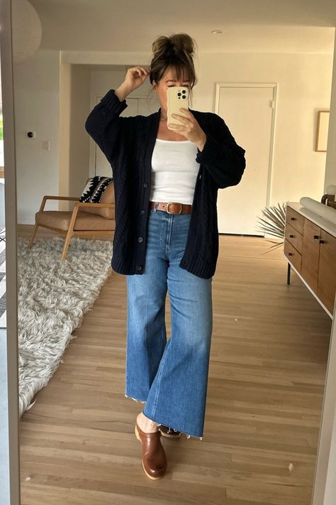 Causal Outfits With Jeans, Wide Leg Pants With Clogs, Idea Of You Outfits, 40 Something Style, Casual Jeans Outfit Midsize, Mom Street Style Casual, Madewell Work Outfit, Wide Leg Jeans And Clogs, Anthropology Outfit Ideas