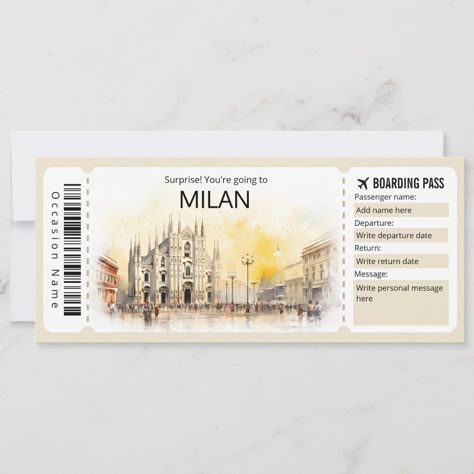 Take your loved one on a journey to Milan with our unique Fake Boarding Pass Gift Certificate. This creative and customizable Milan boarding pass ticket makes for the perfect gift, whether it's for a birthday, anniversary, or any special occasion. Let the recipient's imagination soar as they embark on an adventure in Italia. It's a one-of-a-kind keepsake that will make memories to treasure forever. Ticket Avion, Plane Ticket Invitation, Plane Ticket, Ticket Invitation, Frat Boy, Flight Ticket, Make Memories, Dream City, Gift Certificate