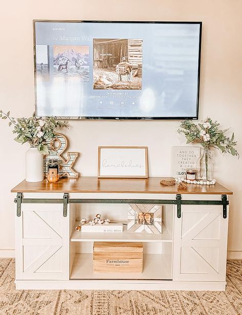 JUMMICO Farmhouse TV Stand up to 65 Inches, Mid Century Modern Entertainment Center with Sliding Barn Doors and Storage Cabinets, Metal Media TV Console Table for Living Room (Bright White) Neutral Entertainment Center Decor, Media Stands Living Room, Farmhouse Tv Console Decor, Western Tv Stand Decor, Spring Tv Stand Decor, Entertainment Stand Decor, Simple Tv Stand Decor, Modern Farmhouse Tv Stand Decor, Boho Tv Stand Decor