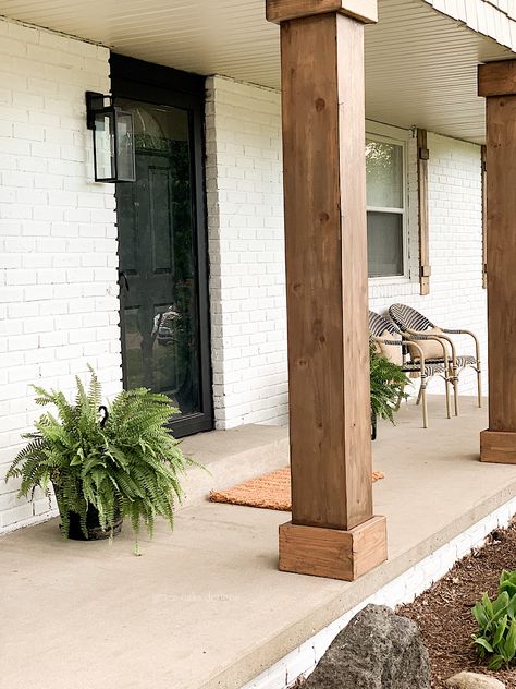 Front Porch Columns, Ranch House Remodel, Painted Brick House, Porch Remodel, Wood Columns, Porch Columns, Brick Ranch, Home Exterior Makeover, Modern Ranch