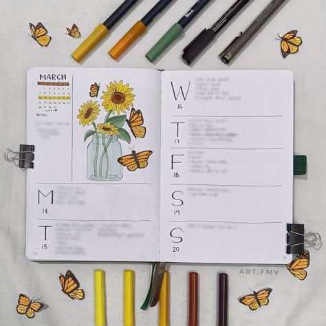 Sunflower themed bujo spread Sunflower Bullet Journal, Weekly Bullet Journal, March Bullet Journal, Bullet Journal Themes, Journal Themes, Bullet Journal Spread, Write It Down, Bullet Journal Inspiration, Journal Covers