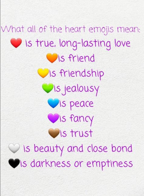 Here is what all of the heart emojis mean 💜 I know a lot of people aren't too sure when texting, so I've written them in list! Tell me ur fave in the comments. I like the black 🖤 and purple 💜 What Color Hearts Mean, Heart Color Meanings Emoji, Hiiiiiii Text Meaning, Heyyyyy Meaning, What Am I To U, What Colour Am I, Black Heart Meaning, Colour Heart Meaning, Heart Emoji Meanings