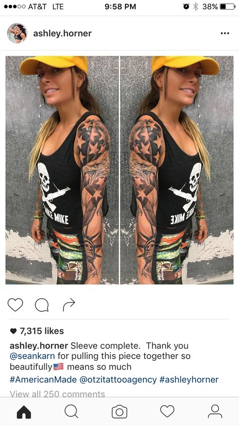 Ashley Horner tattoo sleeve. America!! Military Sleeve Tattoo, Ashley Horner, Patriotic Tattoos, Army Tattoos, Polynesian Tattoos, Girls With Sleeve Tattoos, Military Tattoos, Geometric Tattoos, Flag Tattoo