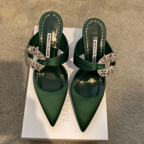 Stunning Manolo Slide Mule With Crystals. Rare! Size 38 Malono Blahnik, Manolo Blahnik Carrie, Green Dress Shoes, Manolo Blahnik Green, Manolo Blahnik Mules, Preppy Luxury, Whimsical Shoes, Shoes Manolo Blahnik, Modern Preppy