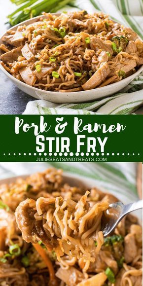 This quick and easy dinner recipe features your favorite Ramen Noodles! A fun and delicious twist on Stir Fry with Pork and Ramen Stir Fry. This will be your family's new, favorite dinner recipe! #julieseatsandtreats #ramen #stirfry #pork #dinner #recipe #dinnerrecipe #easyrecipe via @julieseats Stir Fry Recipes With Pork, Pork Noodle Stir Fry Recipes, Easy Stir Fry Noodles Recipes, Pork Ramen Noodle Recipes, Pork Stir Fry Recipes Easy, Pork Ramen Stir Fry, Stir Fry With Pork, Pork Stir Fry Recipes, Boneless Pork Loin Chops