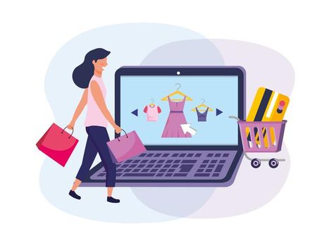 Woman online shopping with laptop and e-commerce elements Online Shopping Images, Cover Photo Design, Logo Online Shop, Shopping Clipart, Export Business, Beauty Posters, Online Logo Design, Online Logo, Graphic Wallpaper