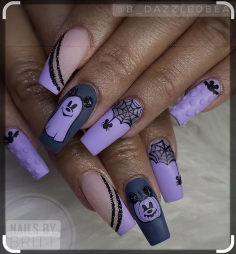 Disney Nails Acrylic Halloween, Disney Halloween Nails 2023, Halloween Nails Acrylic Purple, Ghost Mickey Nails, Mickey Mouse Ghost Nails, Minnie Mouse Halloween Nails, Mickey Mouse Nails Halloween, Mickey Ghost Nails, Halloween Mickey Nails