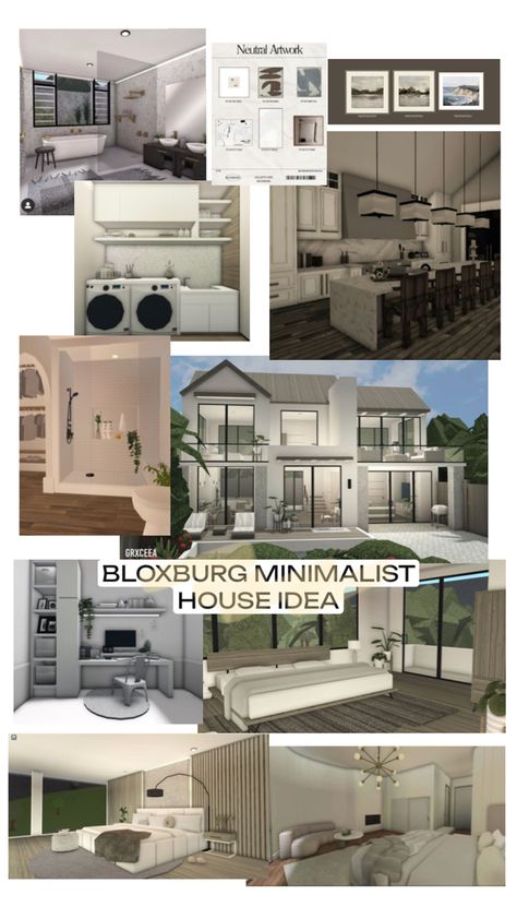 just some pins mushed together into a collage to have an idea on what to build in a minimalistic house is bloxburg (roblox) <3 Bloxburg Minimalist House, Minimalistic House, Winter House Exterior, Blocksburg Room Ideas￼, House Plans With Pictures, Small House Layout, Tiny House Layout, Diy House Plans, Minimalist House