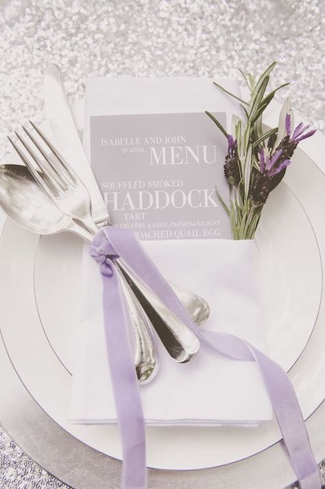 Silver and Sage Inspiration Shoot by The Wedding Stylist featuring stationery by Bureau Design www.bureaudesign.co.uk | Ross Holkham Photography | Bridal Musings Wedding Blog 9 Wedding Table Settings Purple, Lavender Wedding Theme, Wedding Table Menus, Wedding Party Photography, Menu Wedding, Boda Mexicana, Lilac Wedding, Vintage Wedding Theme, Wedding Table Flowers