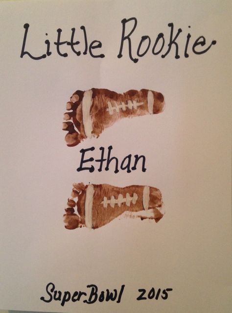 Infant Football Art, Super Bowl Toddler Activities, Football Infant Art, Football Crafts For Infants, Football Footprint Art, Football Footprint Craft, Sports Art For Toddlers, Footprint Football, Football Crafts For Toddlers