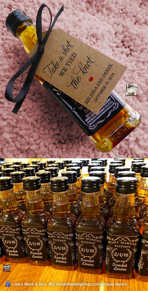 Miniature bottle wedding favors are the perfect choice for wedding guests who like to drink. You can order these custom mini alcohol bottle labels and favor tags to make your own custom varieties. Look for more information and buy links in the Edible Favors section of non-traditional wedding favors post on MyOnlineWeddingHelp.com Bottle Wedding Favors, Alcohol Wedding Favors, Traditional Wedding Favours, Wedding Alcohol, Edible Favors, Halloween Themed Wedding, Wedding Favor Ideas, Non Traditional Wedding, Wedding Reception Ideas