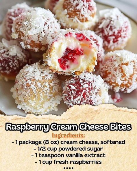 Notorious Foodie | Raspberry Cream Cheese Bites 🍓✨ | Facebook Cream Cheese Bites, Raspberry Cheesecake Bites, Raspberry Recipes Dessert, Cheese Bites Recipe, Raspberry Cream Cheese, Raspberry Desserts, Raspberry Cream, Raspberry Recipes, Bite Size Desserts