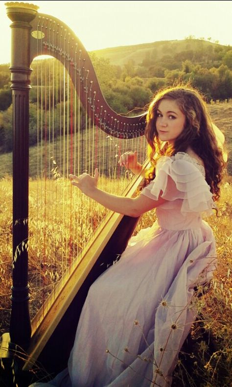 Playing Harp in a field of Gold Irish Goddess, Musician Portraits, Harps Music, Elegant Feminine, Music Artwork, Musical Art, Character Design Animation, Brunette Girl, Unique Things