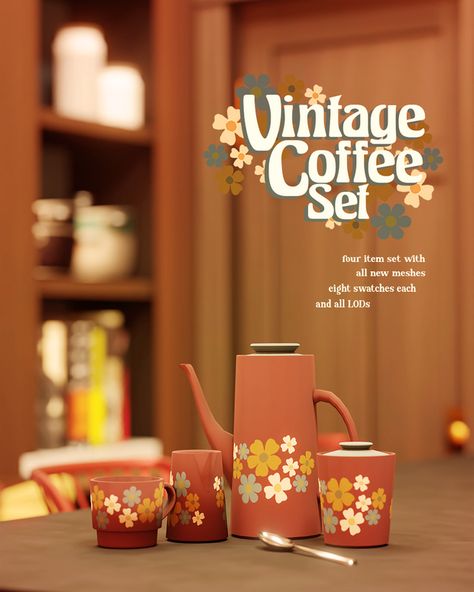 vintage coffee set Sims 4 2000s Cc Furniture, Retro Sims 4 Cc, Sims 4 Retro Cc, Sims 4 Cc Clutter, Sims 4 Vintage, Sims 4 Decades Challenge, Sims 4 Kitchen, Muebles Sims 4 Cc, Sims 4 Clutter