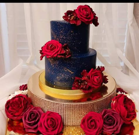 Navy And Red Wedding Cake, Red Navy Blue And Gold Wedding, Red And Blue Wedding Cake, Blue And Red Wedding Cake, Royal Blue And Red Wedding, Red And Blue Wedding Theme, Masters Cake, Wedding Cake With Red Flowers, Electric Blue Wedding