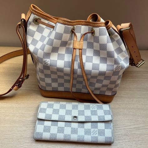 Beautiful Louis Vuitton Noe Bb Crossbody Bag In Beautiful Damier Azur, Great Condition, Honey Patina Of Leather W A Small Water Spot On Bottom (See Pic). Will Include Cinch Closure Repurposed From Neverfull And New Felt Shaper Insert And Lv Damier Azur Wallet Orders Over $500 Ship Free And Include Authentication At Poshmark Headquarters. Date Code Indicates Manufactured 51st Week Of 2012 In France Thank You! Lv Damier Azur, Louis Vuitton Noe Bb, Lv Damier, Damier Azur, Louis Vuitton Bags, Lv Bag, Bag Sale, Louis Vuitton Bag, Patina