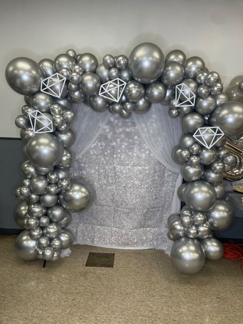 Diamond Birthday Party Ideas, Diamond Balloon Arch, Diamond Balloon Garland, Shine Bright Like A Diamond Party Theme, 75th Birthday Theme, Diamond Anniversary Party Ideas, Diamonds And Pearls Theme Birthday, Diamond Party Decor, Diamond Party Decorations